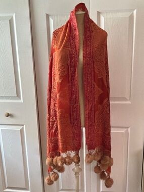 Ahujasons Orange Paisley Fringe Wrap Scarf with Rabbit Fur Trim